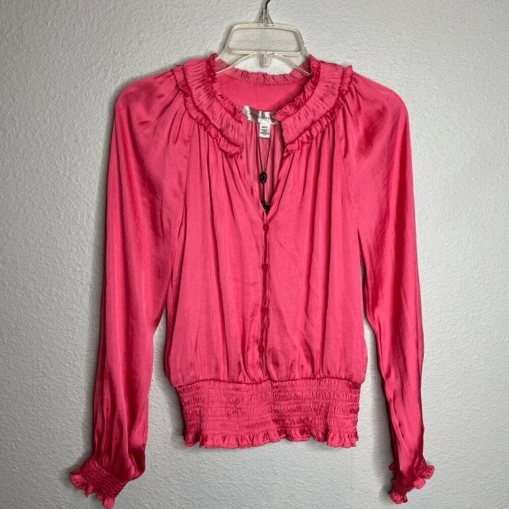 NEW Catherine Malandrino X-Small Silky Long Sleeve Ruffle Blouse Tango Pink